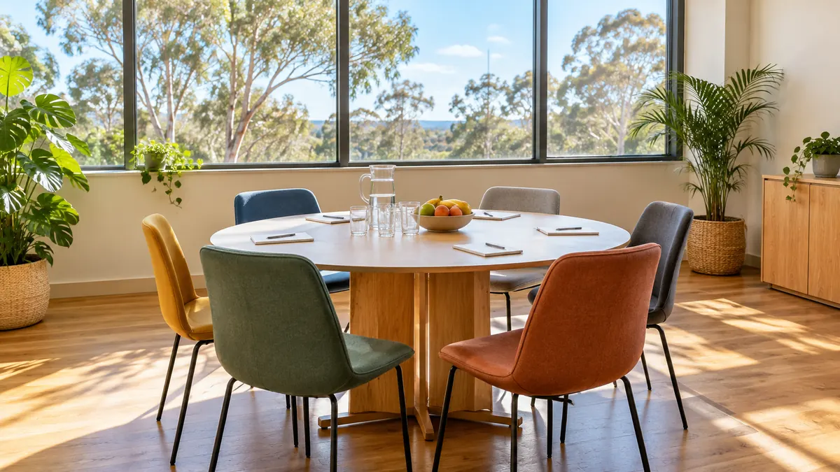 A bright, welcoming meeting room with a round table, chairs and natural light through large windows
