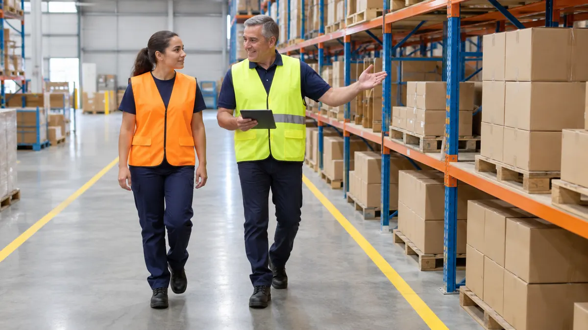 A new worker in a hi-vis vest being shown around a warehouse by a smiling supervisor