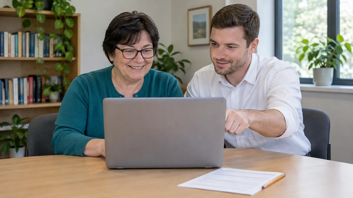 An adult learner smiling as she works on a laptop, with a tutor beside her pointing to her screen