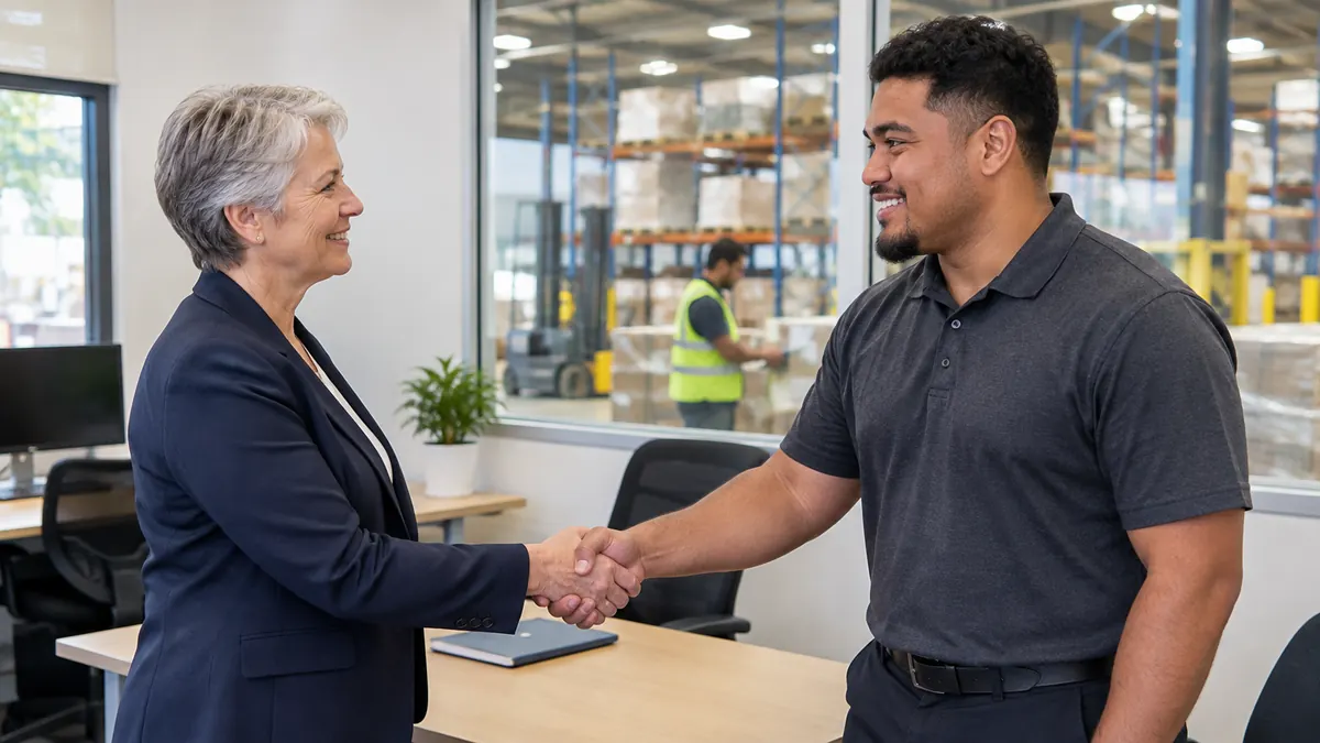 A hiring manager shaking hands with a new employee in an office beside a warehouse