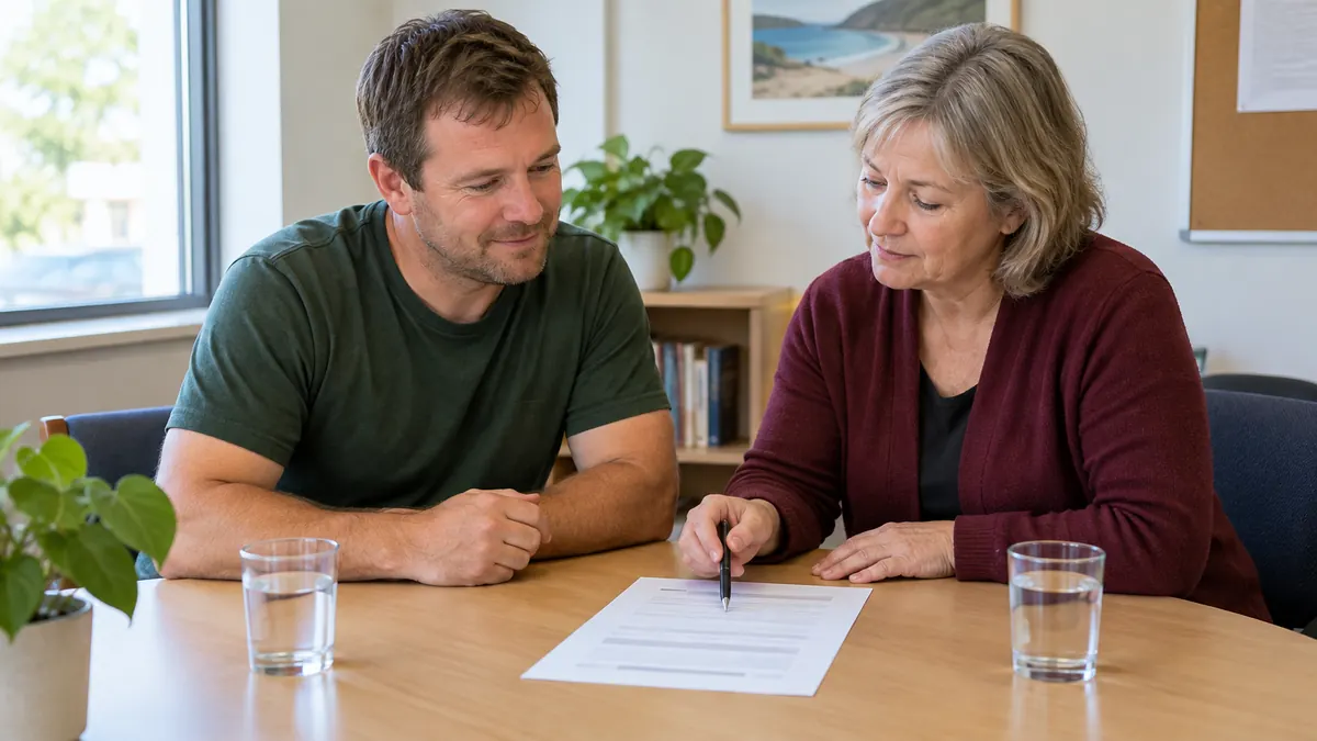 A man in his forties reviewing his resume with a support worker at a table in a community office