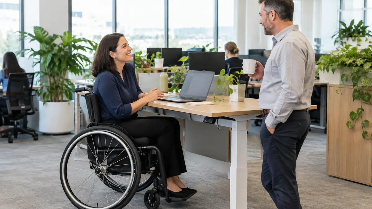 A woman using a wheelchair working at an adjustable-height desk in an open office, talking with a colleague