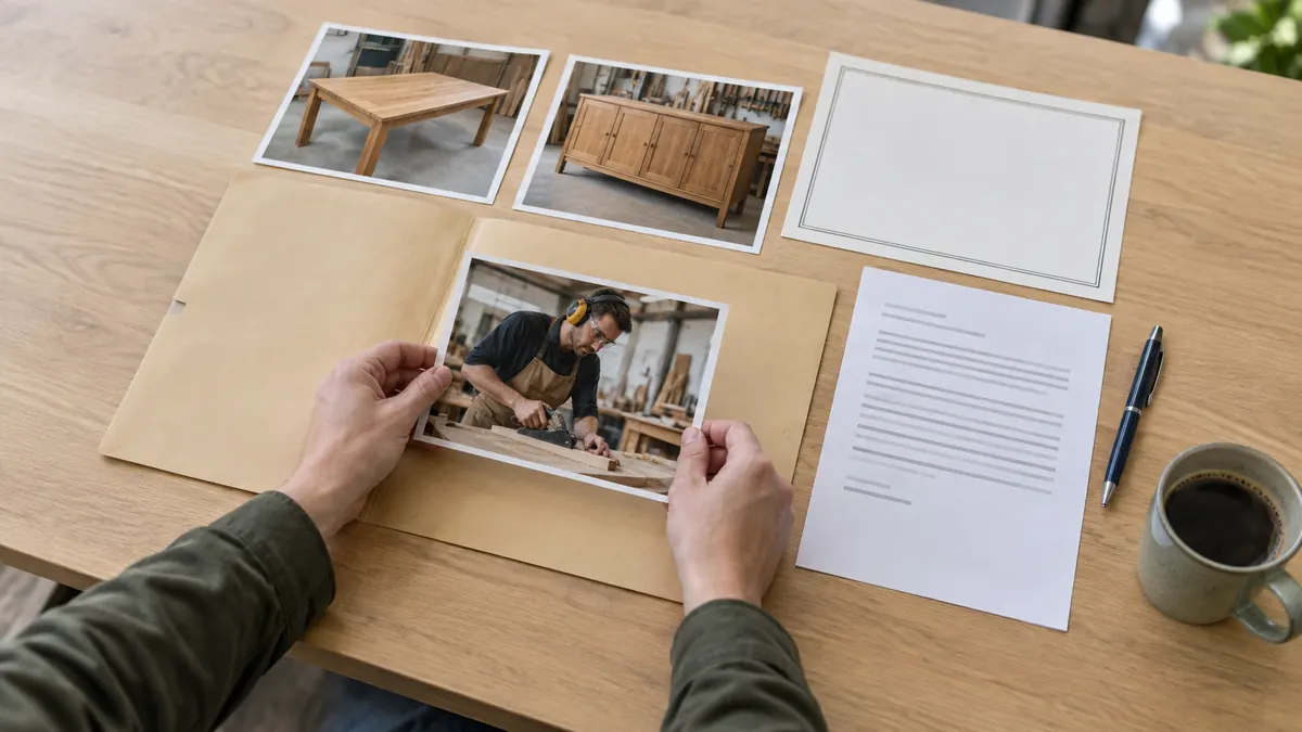 A person placing printed photos of their woodwork into a document wallet beside a certificate and a reference letter