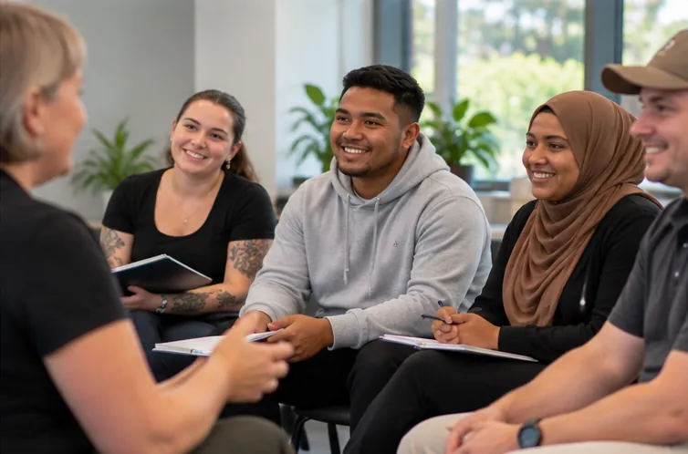 A group of participants smiling and talking during a workshop session